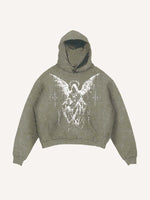 Distressed Washed Figure&Wing Print Slant Pockets Hoodie