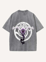 Distressed Washed Figure&Sword&Monsters&Letter Print Round Neck T-shirt