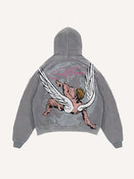 Distressed Washed Figure&Wing&Letter Print Slant Pockets Hoodie