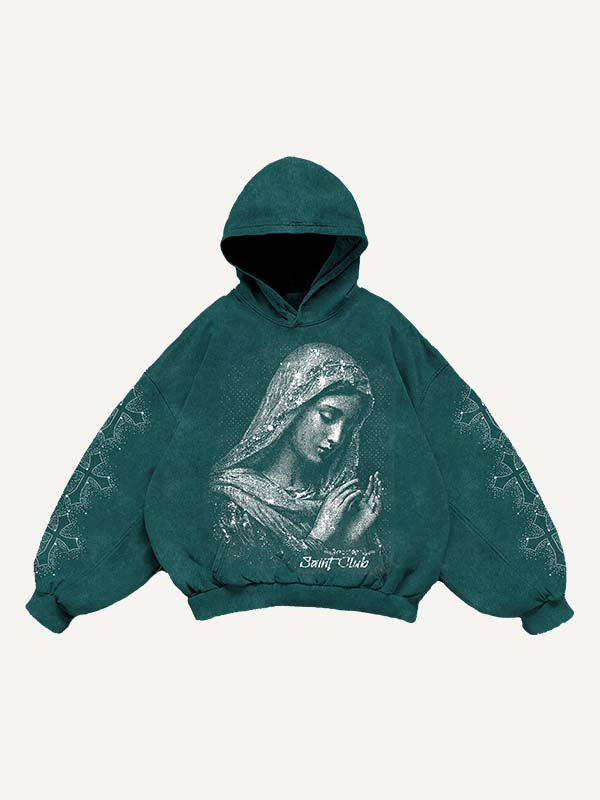 Mary&Cross Faux Rhinestones Print Slant Pockets Hoodie