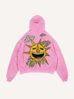 Distressed Washed Evil Moon&Sun&Star&Cloud Print Slant Pockets Hoodie