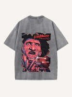 Distressed Washed Horror Print Round Neck T-shirt