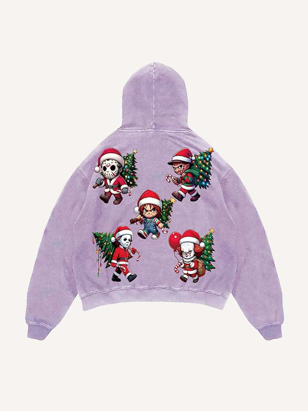 Distressed Washed Christmas Horror Print Slant Pockets Hoodie
