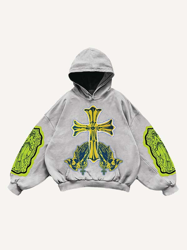 Figure&Pray&Cross Faux Decal Print Slant Pockets Hoodie