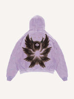 Distressed Washed Wing&Eye&Graphic Print Slant Pockets Hoodie