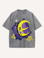 Distressed Washed Evil Sun&Moon&Cloud&Graphic Print Round Neck T-shirt