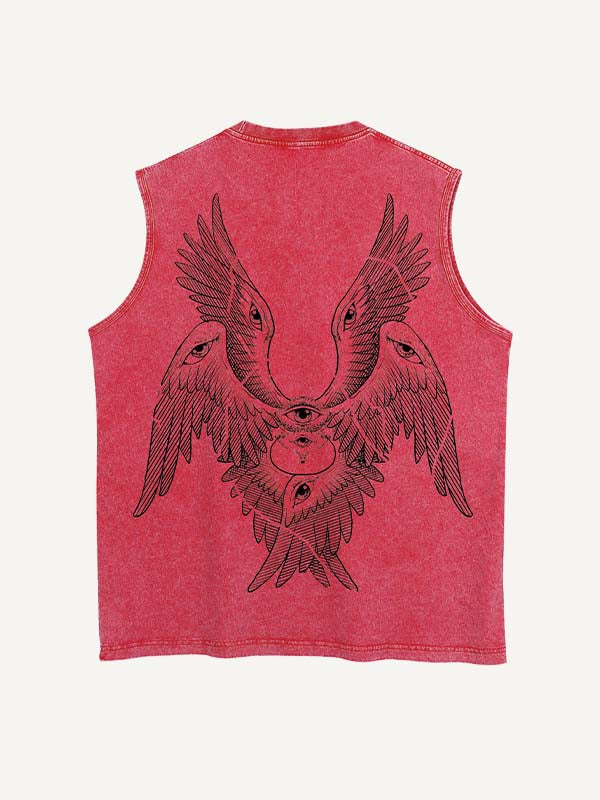 Distressed Washed Wing&Eye&Graphic Print Round Neck Tank