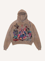 Distressed Washed Mary&Eye&Bomb&Cross&Graphic&Letter Print Slant Pockets Hoodie