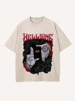 Distressed Washed Eye&Palm&Letter&Graphic Print Round Neck T-shirt