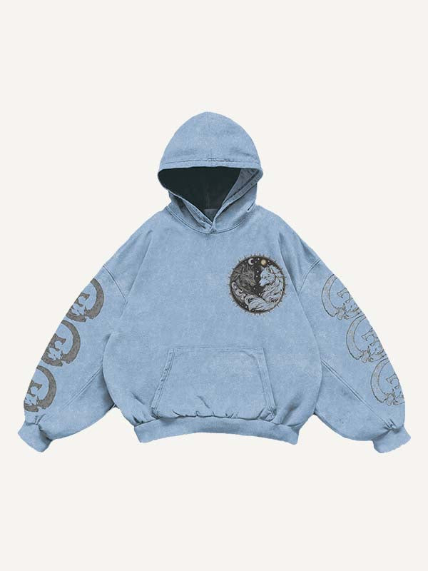 Wolf&Sun&Moon&Letter Print Slant Pockets Hoodie