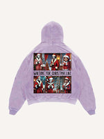 Distressed Washed Christmas Horror Print Slant Pockets Hoodie