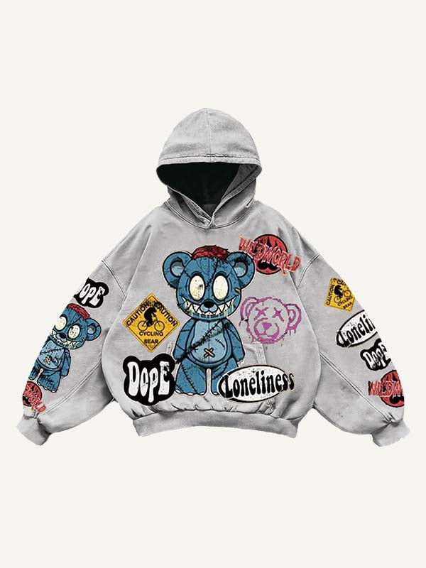 Bear&Graphic&Letter Faux Decal Print Slant Pockets Hoodie