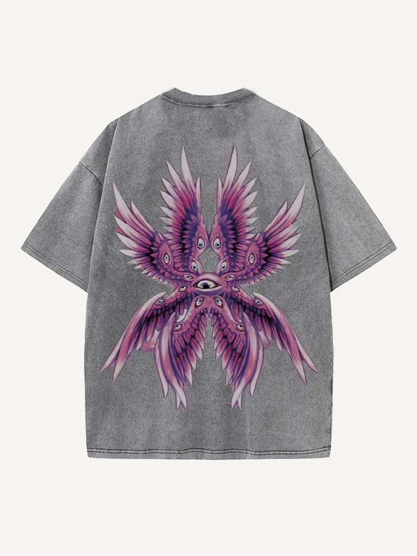 Distressed Washed Eye&Wing Print Round Neck T-shirt