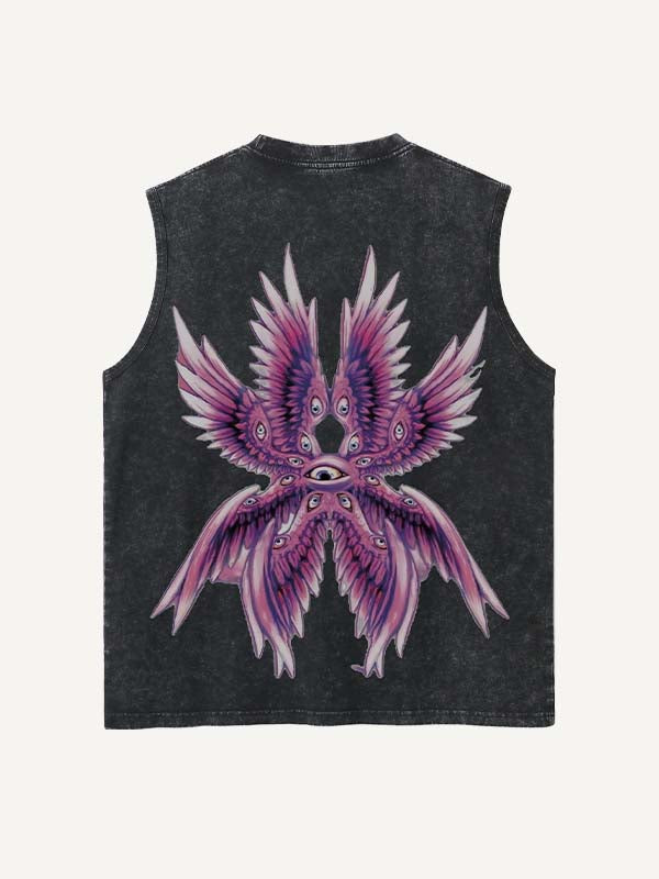 Distressed Washed Eye&Wing Print Round Neck Tank