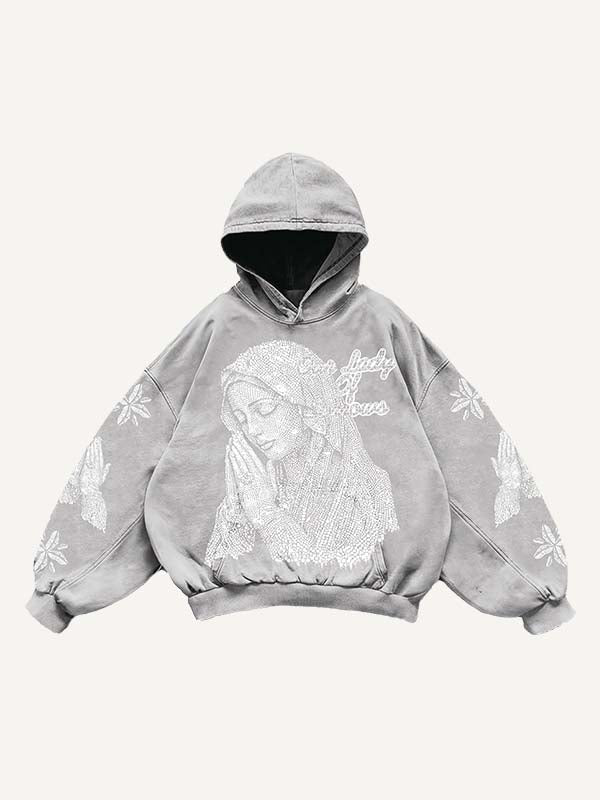 Mary&Pray&Pigeon&Letter Faux Rhinestones Print Slant Pockets Hoodie