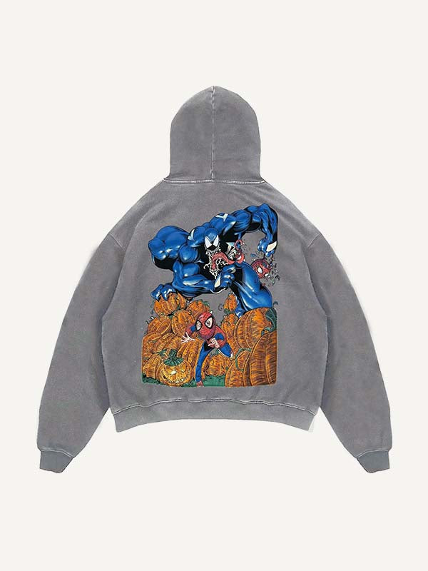 Distressed Washed Venom&Spider-Man&Pumpkin Print Slant Pockets Hoodie