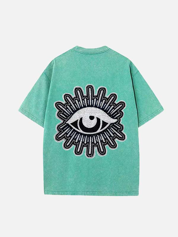 Distressed Washed Moon&Star&Eye Faux Decal Print Round Neck T-shirt