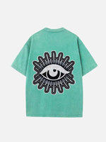 Distressed Washed Moon&Star&Eye Faux Decal Print Round Neck T-shirt