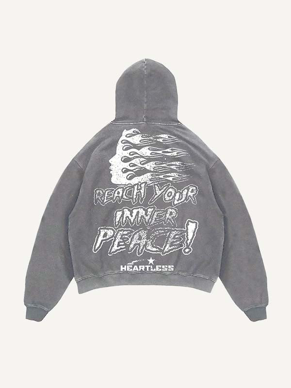 Distressed Washed Heartless Skeleton&Letter Print Slant Pockets Hoodie
