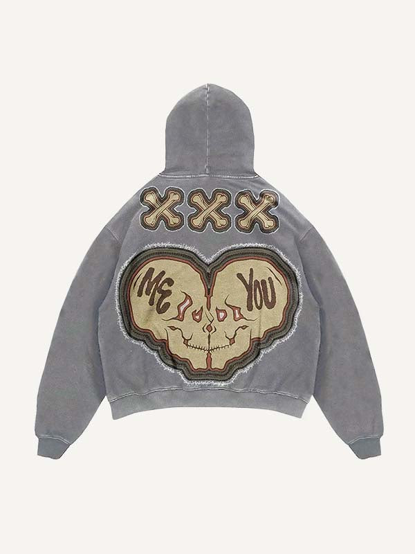 Distressed Washed Die For You Skull Faux Decal Print Slant Pockets Hoodie