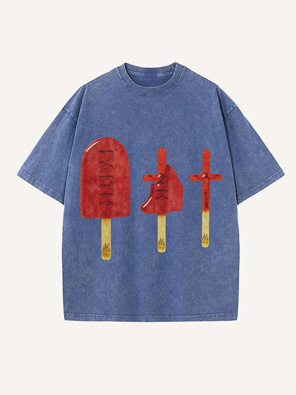 Distressed Washed Figure&Cross&Ice Cream&Letter Print Round Neck T-shirt