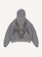 Distressed Washed Wing&Eye&Graphic Print Slant Pockets Hoodie