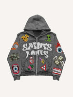 Smiley Face&Alien&Skeleton&Money&Wing&Eyeball&Letter&Graphic Faux Decal Print Zip Up Hooded Coat