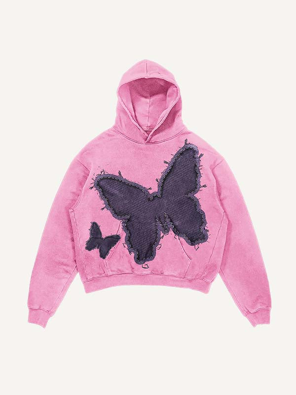 Distressed Washed Butterfly Faux Decal Print Slant Pockets Hoodie