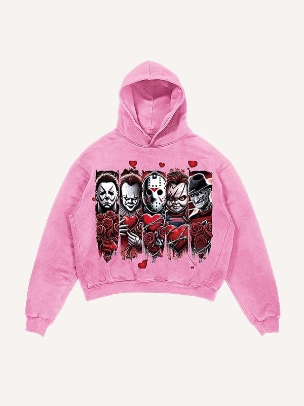 Distressed Washed Christmas Horror Print Slant Pockets Hoodie