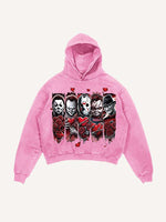 Distressed Washed Christmas Horror Print Slant Pockets Hoodie