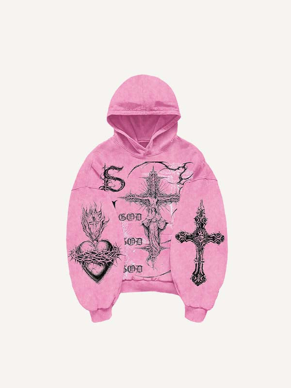 Jesus&Mary&Cross&Wing&Heart&Letter&Graphic Print Slant Pockets Hoodie