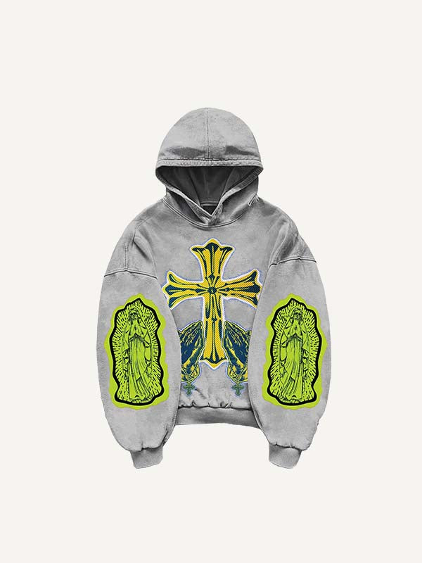 Figure&Pray&Cross Faux Decal Print Slant Pockets Hoodie