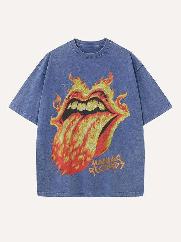 Distressed Washed Fire Tongue Print Round Neck T-shirt