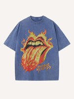Distressed Washed Fire Tongue Print Round Neck T-shirt
