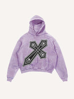 Distressed Washed Skull&Cross Faux Decal Print Slant Pockets Hoodie