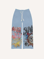 Evil Sun&Skull&Letter Print Elastic Waist Pants
