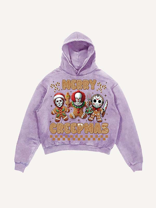 Distressed Washed Christmas Horror Print Slant Pockets Hoodie