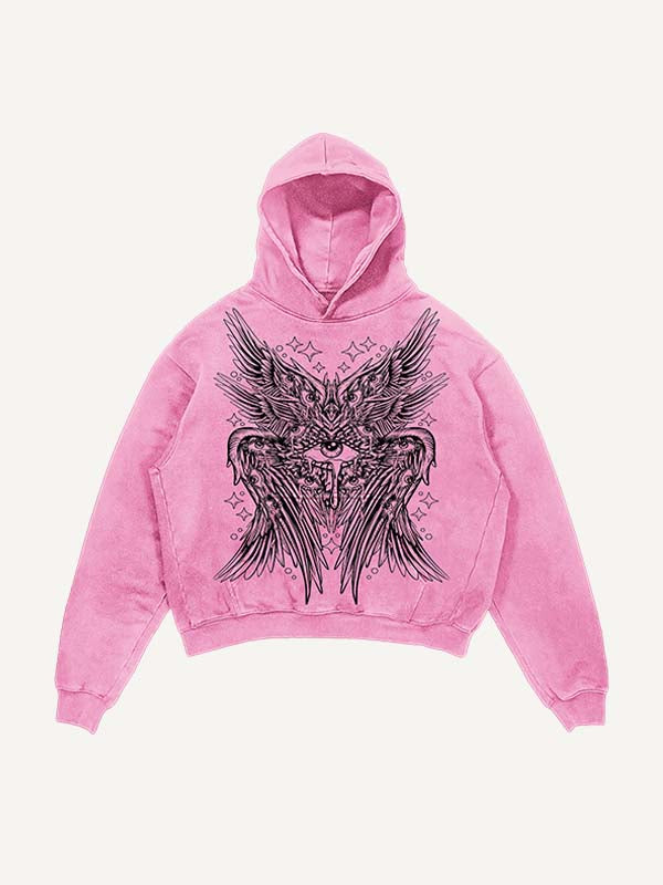 Distressed Washed Wing&Eye&Tears&Graphic Print Slant Pockets Hoodie