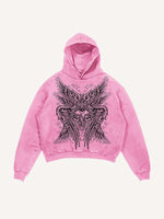 Distressed Washed Wing&Eye&Tears&Graphic Print Slant Pockets Hoodie
