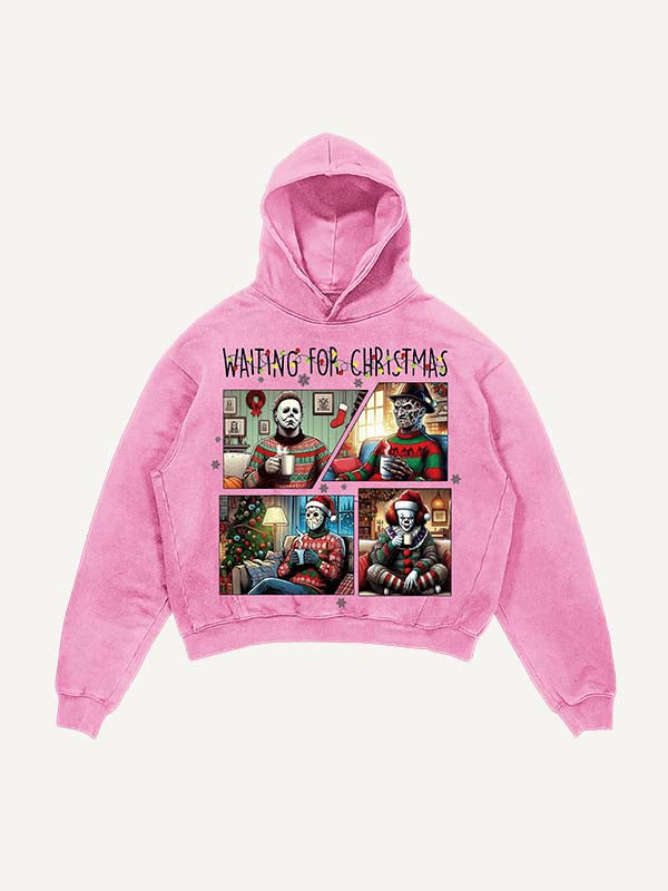 Distressed Washed Christmas Horror Print Slant Pockets Hoodie
