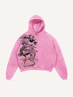 Distressed Washed Dragon Print Slant Pockets Hoodie