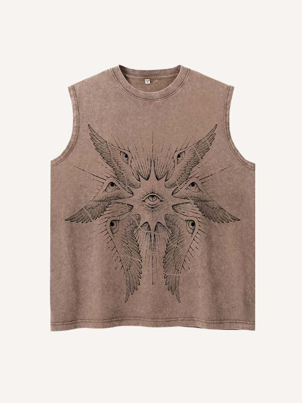 Distressed Washed Wing&Eye&Graphic Print Round Neck Tank