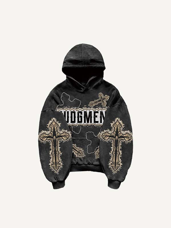 Cross&Wing Faux Decal Print Slant Pockets Hoodie
