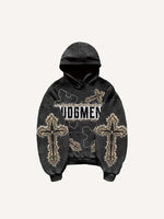 Cross&Wing Faux Decal Print Slant Pockets Hoodie