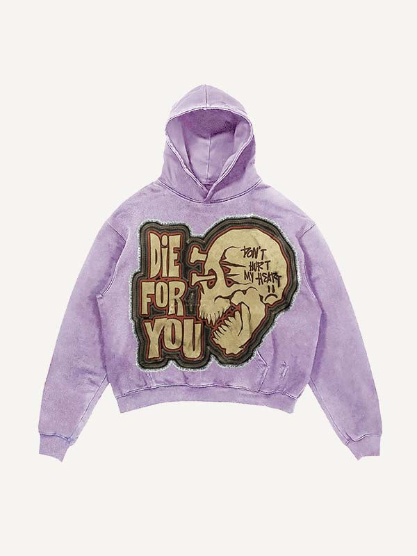 Distressed Washed Die For You Skull Faux Decal Print Slant Pockets Hoodie