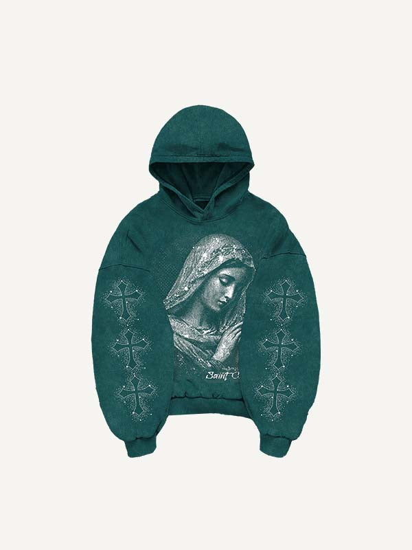 Mary&Cross Faux Rhinestones Print Slant Pockets Hoodie