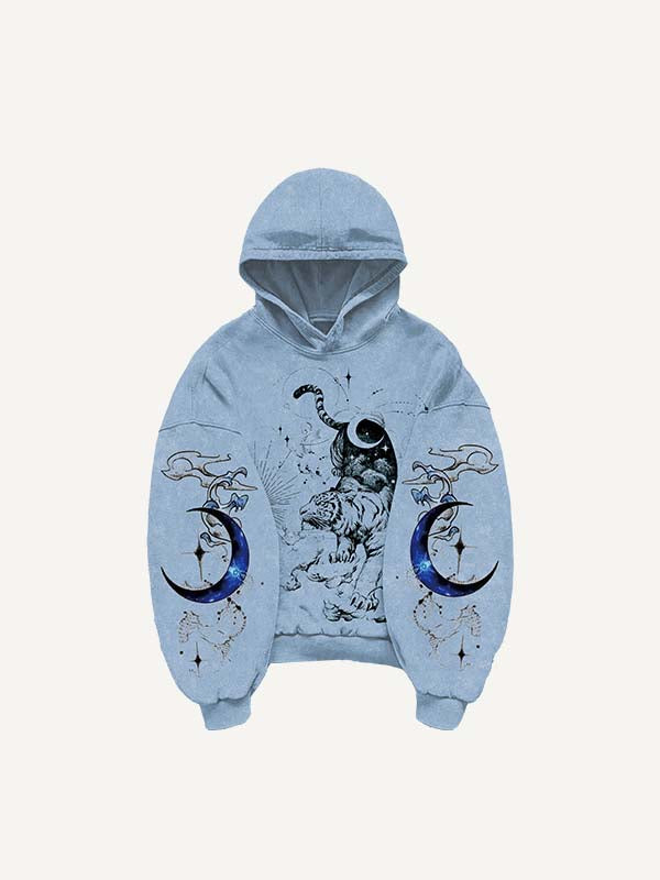 Tiger&Dragon&Phoenix&Sun&Moon Print Slant Pockets Hoodie