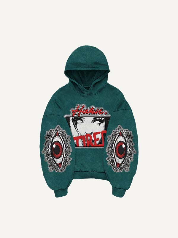 Figure&Eye&Letter Faux Decal Print Slant Pockets Hoodie