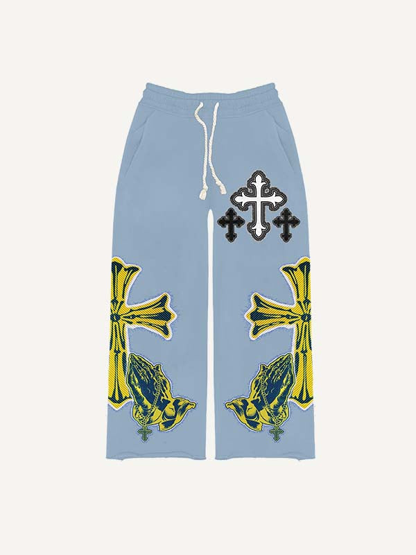 Figure&Pray&Cross Faux Decal Print Elastic Waist Pants