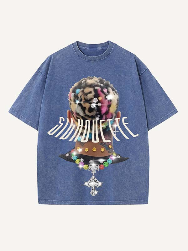 Distressed Washed Figure&Cross Print Round Neck T-shirt